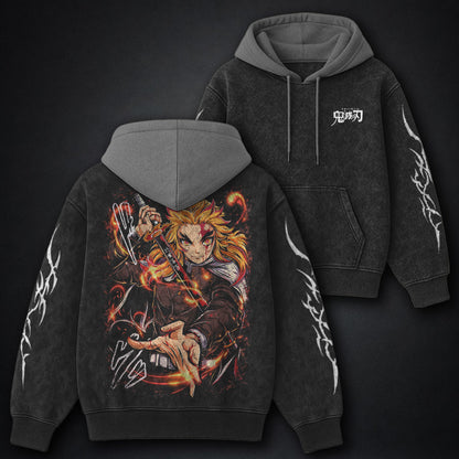 Demon Slayer Ribbed Black and Gray Washed Hoodie