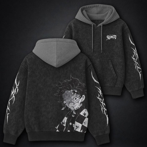 Demon Slayer Cozy Black and Gray Washed Hoodie