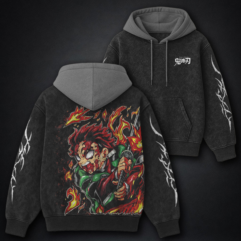 Demon Slayer Trendy Black and Gray Washed Hoodie