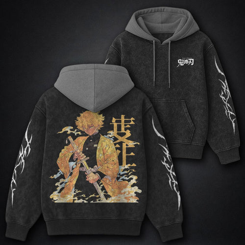 Demon Slayer Distressed Black and Gray Washed Hoodie