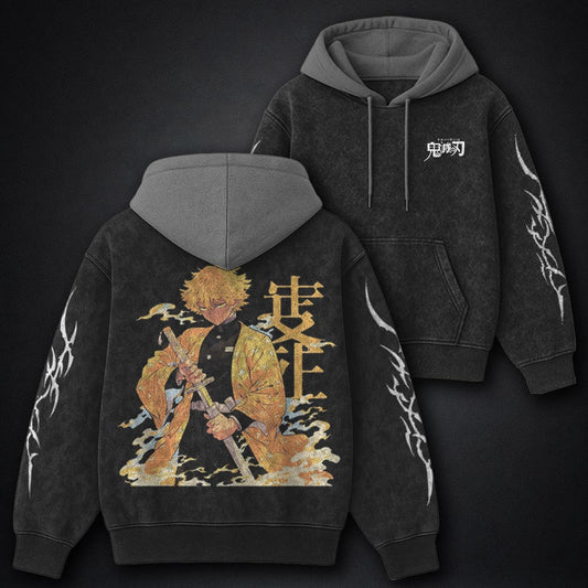 Demon Slayer Distressed Black and Gray Washed Hoodie
