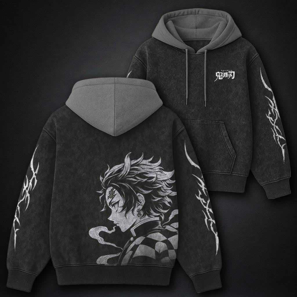 Demon Slayer Bold Black and Gray Washed Hoodie