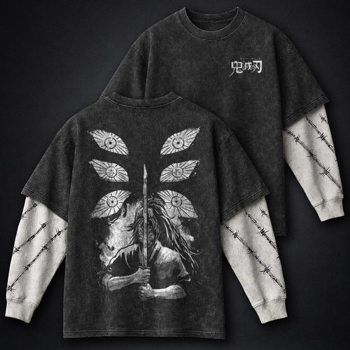 Demon Slayer Faded Double Sleeves Washed T-Shirt