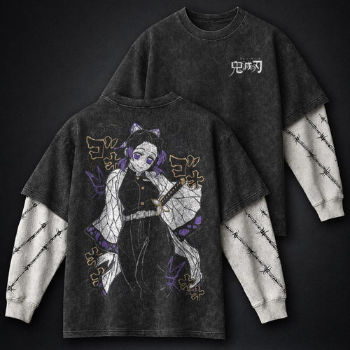 Demon Slayer Edgy Double Sleeves Washed T-Shirt