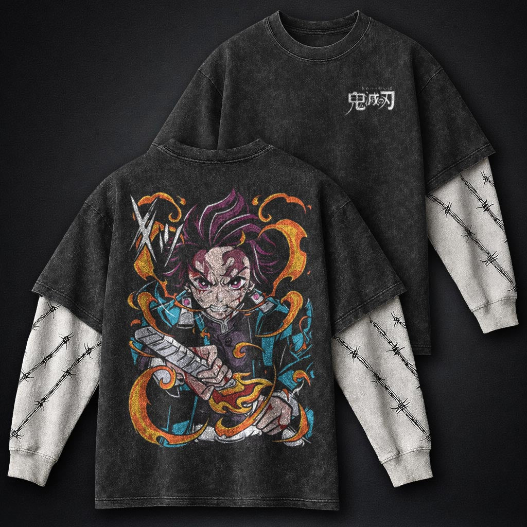 Demon Slayer Streetwear Double Sleeves Washed T-Shirt