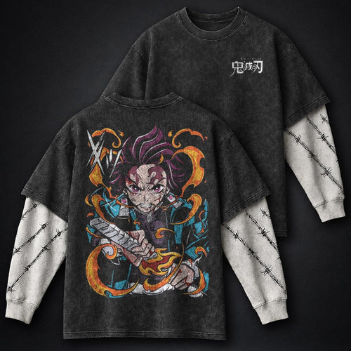 Demon Slayer Streetwear Double Sleeves Washed T-Shirt