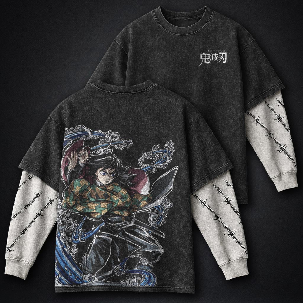 Demon Slayer Cropped Double Sleeves Washed T-Shirt