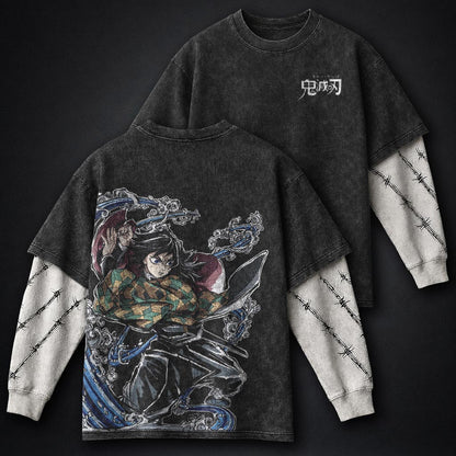 Demon Slayer Cropped Double Sleeves Washed T-Shirt