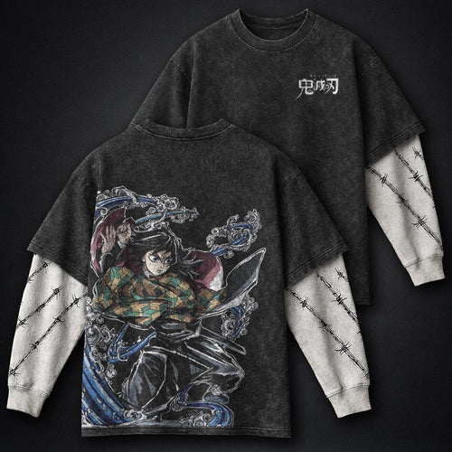 Demon Slayer Cropped Double Sleeves Washed T-Shirt