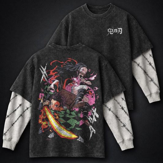 Demon Slayer Graphic Double Sleeves Washed T-Shirt