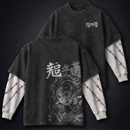 Demon Slayer Fitted Double Sleeves Washed T-Shirt