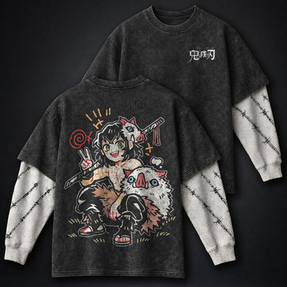 Demon Slayer Trendy Double Sleeves Washed T-Shirt