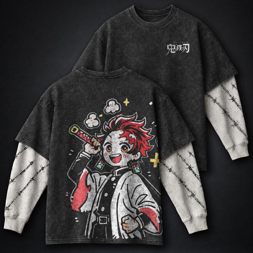 Demon Slayer Printed Double Sleeves Washed T-Shirt
