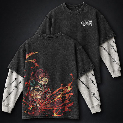 Demon Slayer All-season Double Sleeves Washed T-Shirt