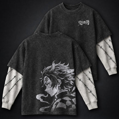 Demon Slayer Casual Double Sleeves Washed T-Shirt