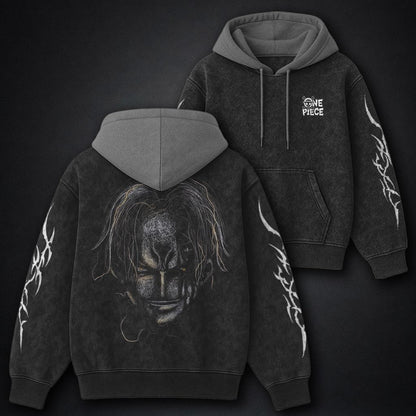 One Piece Distressed Black and Gray Washed Hoodie