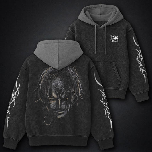 One Piece Distressed Black and Gray Washed Hoodie
