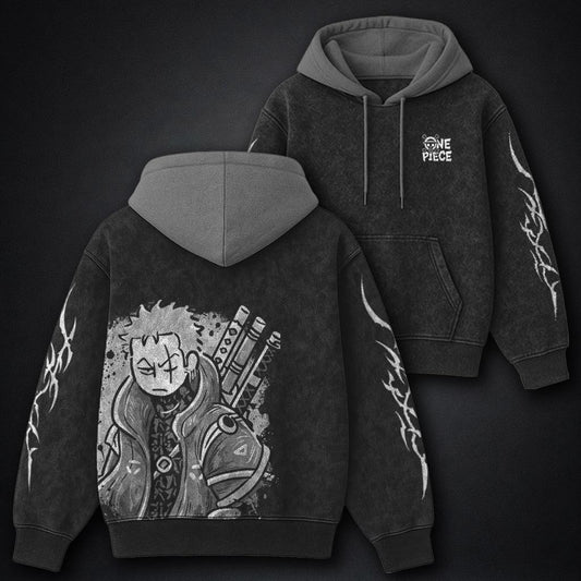 One Piece High Quality Black and Gray Washed Hoodie