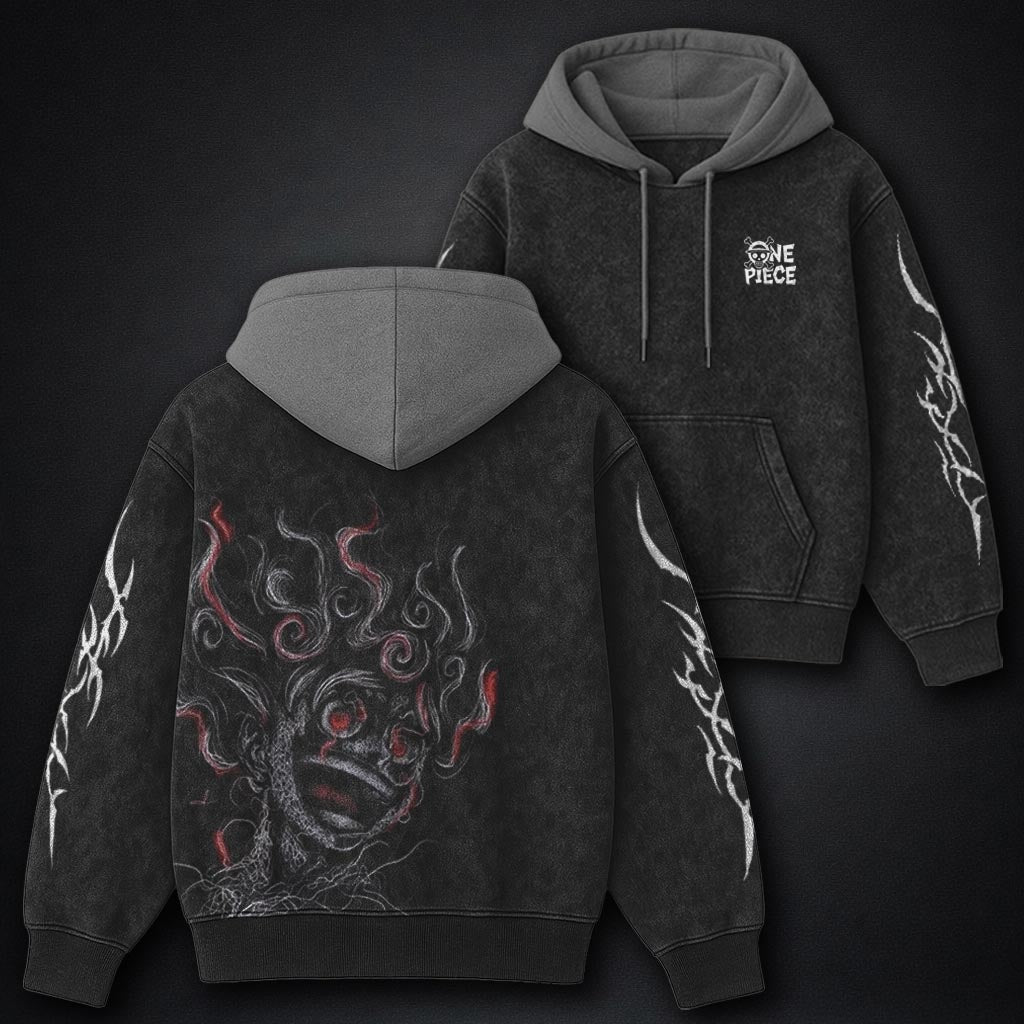 One Piece Oversized Black and Gray Washed Hoodie