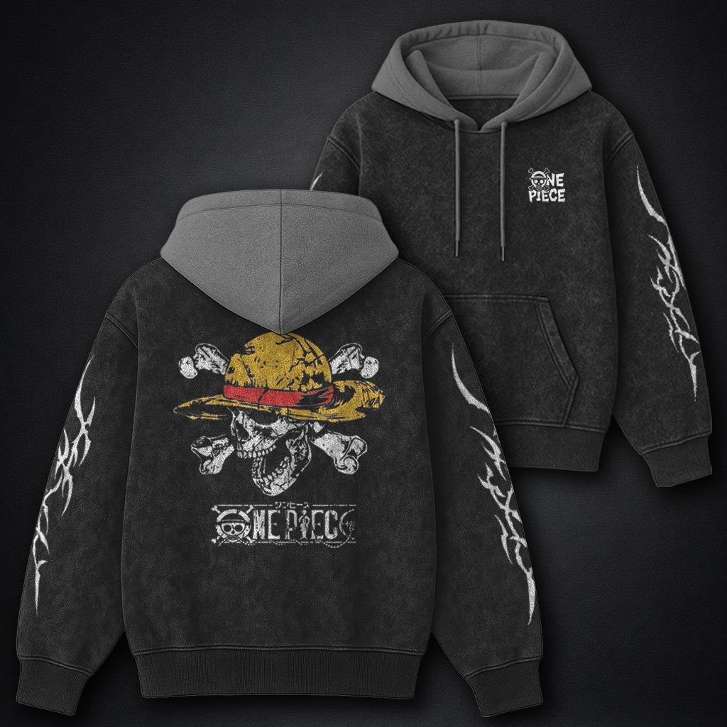 One Piece Relaxed Black and Gray Washed Hoodie