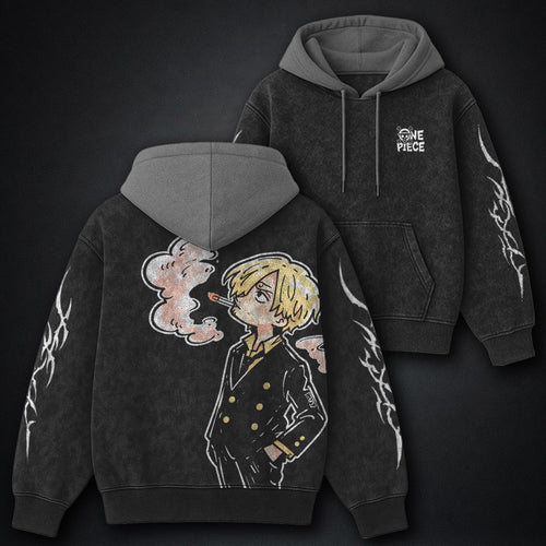 One Piece Signature Black and Gray Washed Hoodie