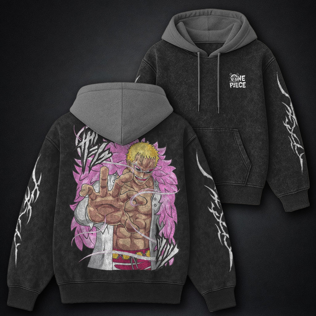 One Piece Ribbed Black and Gray Washed Hoodie
