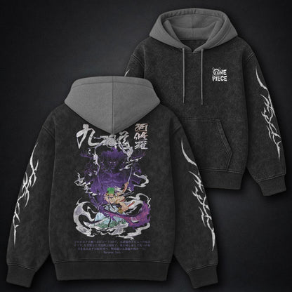One Piece Layered Black and Gray Washed Hoodie