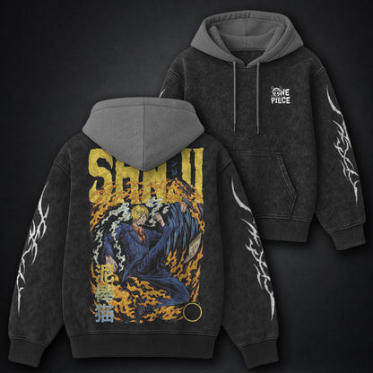 One Piece Graphic Black and Gray Washed Hoodie