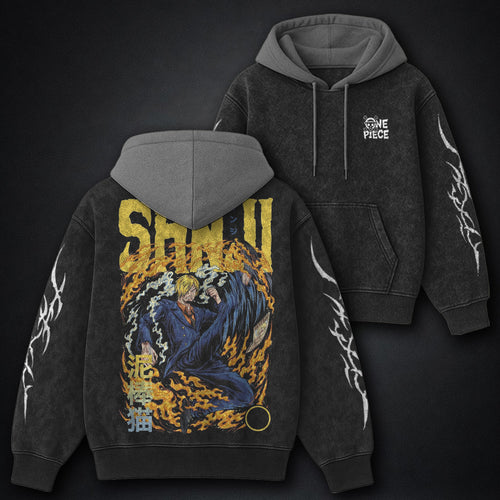 One Piece Graphic Black and Gray Washed Hoodie