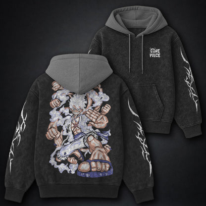 One Piece Loose-fit Black and Gray Washed Hoodie