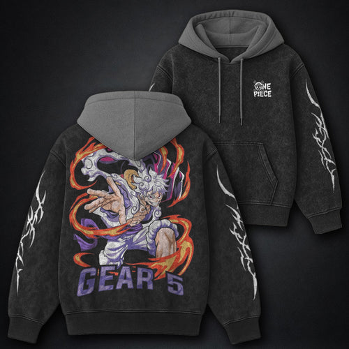 One Piece Printed Black and Gray Washed Hoodie