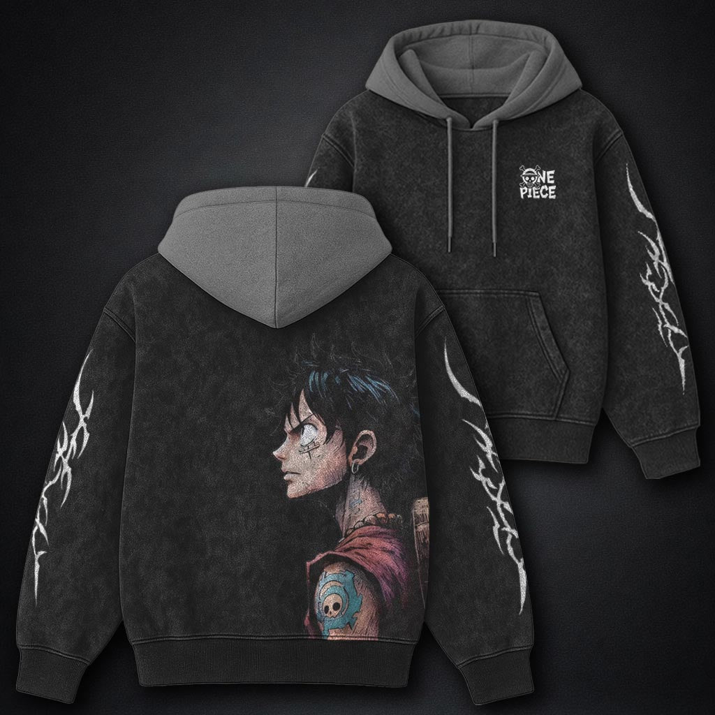One Piece Soft Black and Gray Washed Hoodie