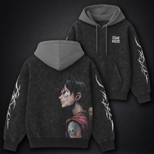 One Piece Soft Black and Gray Washed Hoodie