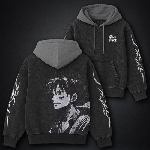 One Piece Streetwear Black and Gray Washed Hoodie