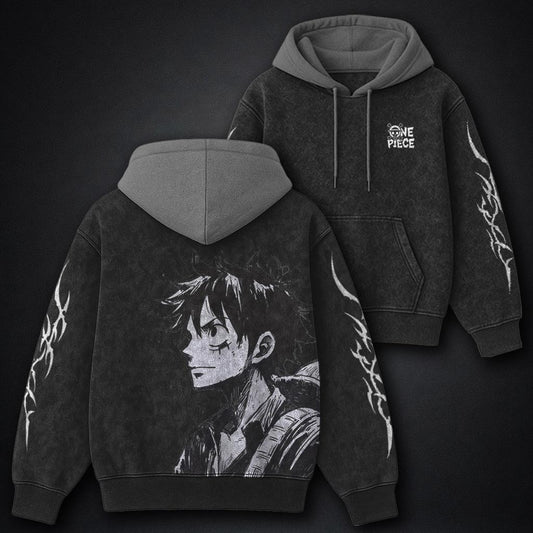 One Piece Streetwear Black and Gray Washed Hoodie