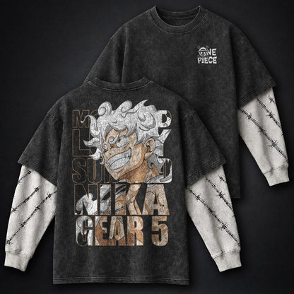 One Piece Distressed Double Sleeves Washed T-Shirt