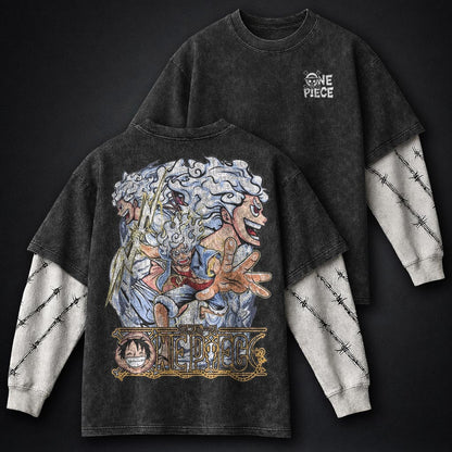 One Piece Streetwear Double Sleeves Washed T-Shirt