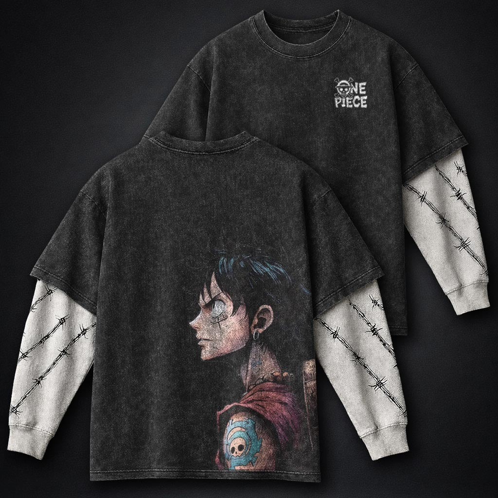 One Piece Edgy Double Sleeves Washed T-Shirt