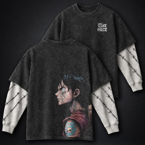 One Piece Edgy Double Sleeves Washed T-Shirt