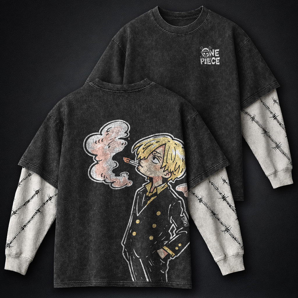 One Piece Graphic Double Sleeves Washed T-Shirt