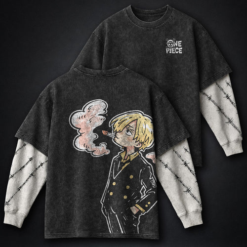 One Piece Graphic Double Sleeves Washed T-Shirt