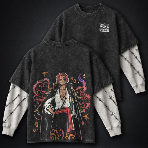 One Piece Statement Double Sleeves Washed T-Shirt