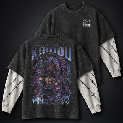 One Piece Printed Double Sleeves Washed T-Shirt