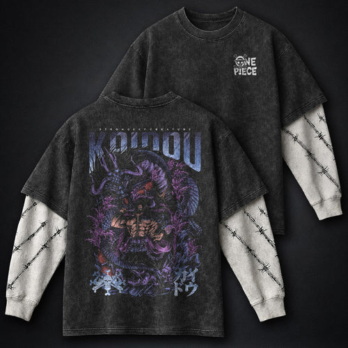 One Piece Printed Double Sleeves Washed T-Shirt