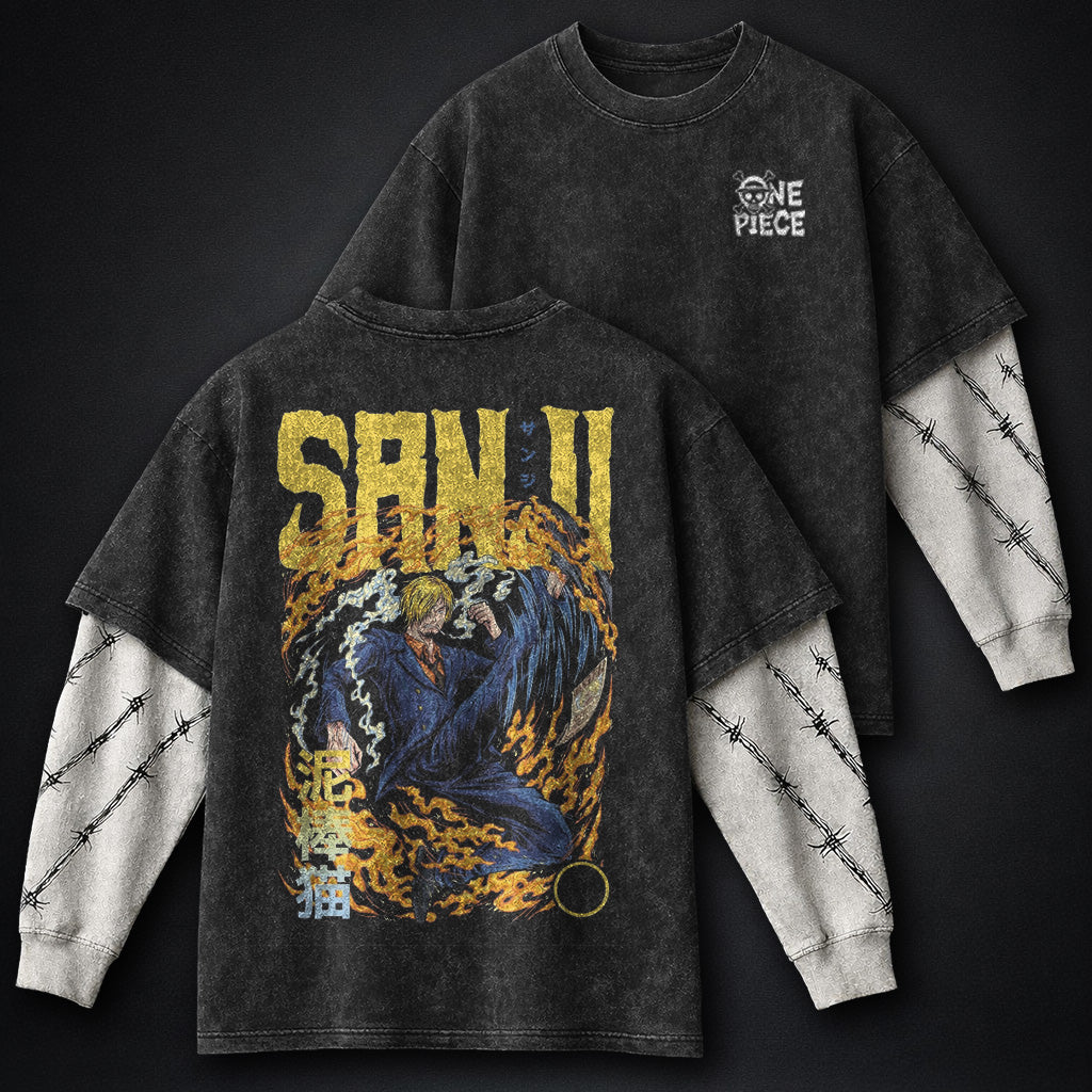 One Piece Layered Double Sleeves Washed T-Shirt