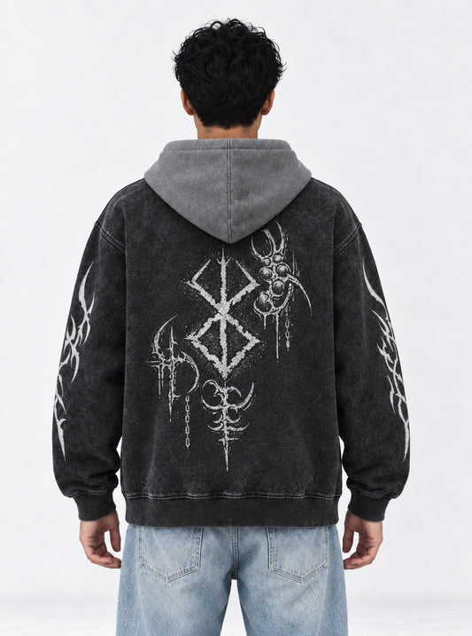 Berserk All-season Black and Gray Washed Hoodie on model, back view
