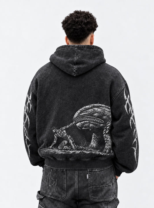 Berserk Beast Slayer Washed Hoodie on model, back view