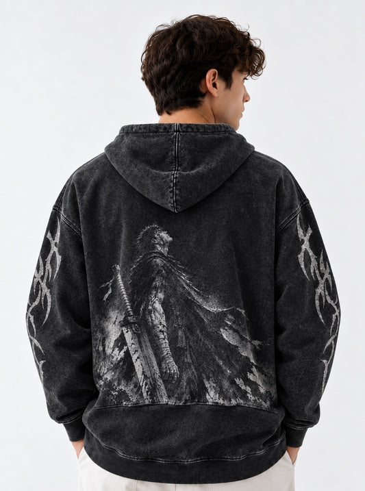 Berserk Black Swordsman Washed Hoodie on model, back view