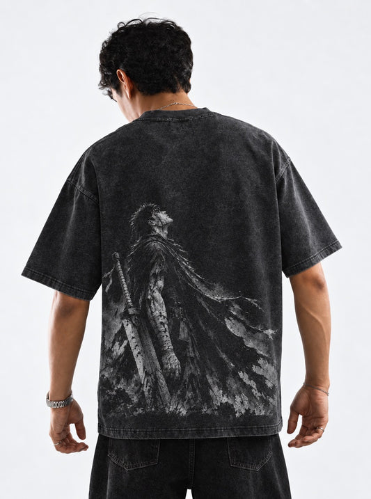 Berserk Black Swordsman Washed T-Shirt on model, back view