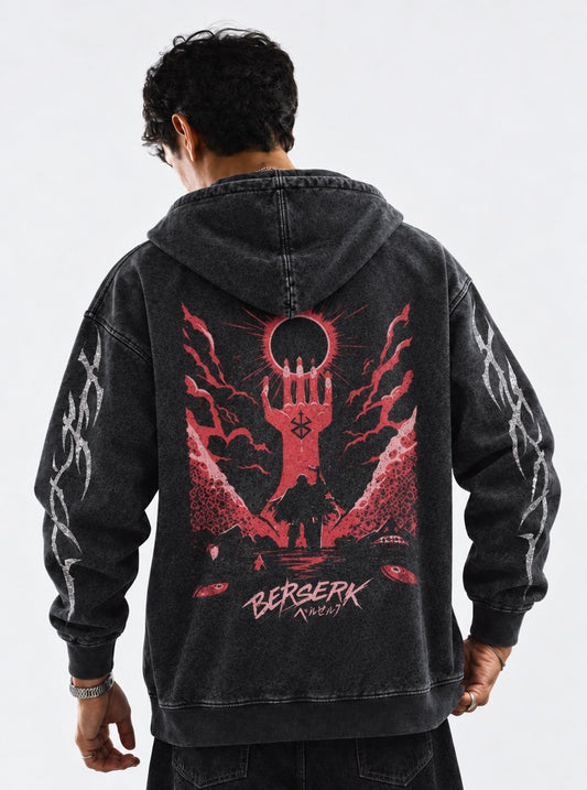 Berserk Boxy Washed Hoodie on model, back view